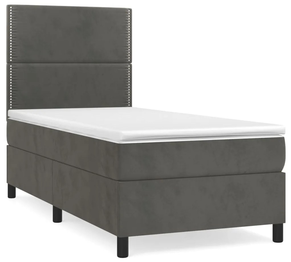 Pat box spring cu saltea, gri inchis, 90x190 cm, catifea Morke gra, 90 x 190 cm, Culoare unica si cuie de tapiterie