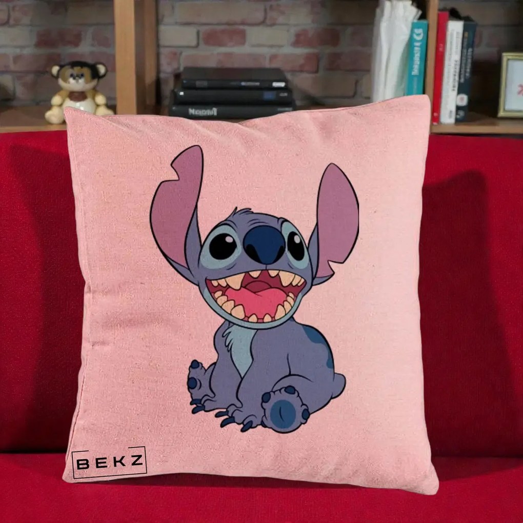 Perna Personalizata Stitch Zambitor, 40x40 cm, Roz, Husa Detasabila, Perna Inclusa, BEKZ®
