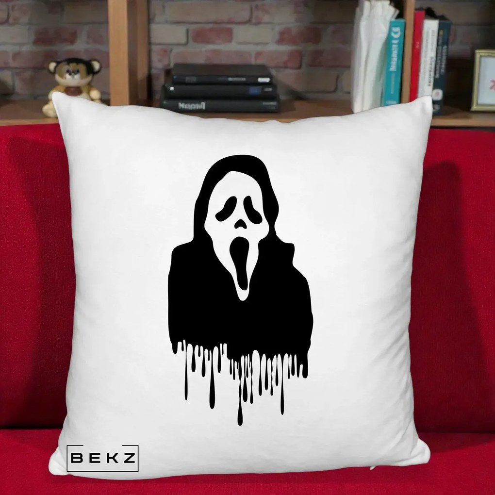 Perna Personalizata Halloween Ghostface Scream Picurand, 40x40 cm, Alb Pufos, Husa Detasabila, Perna Inclusa, BEKZ®