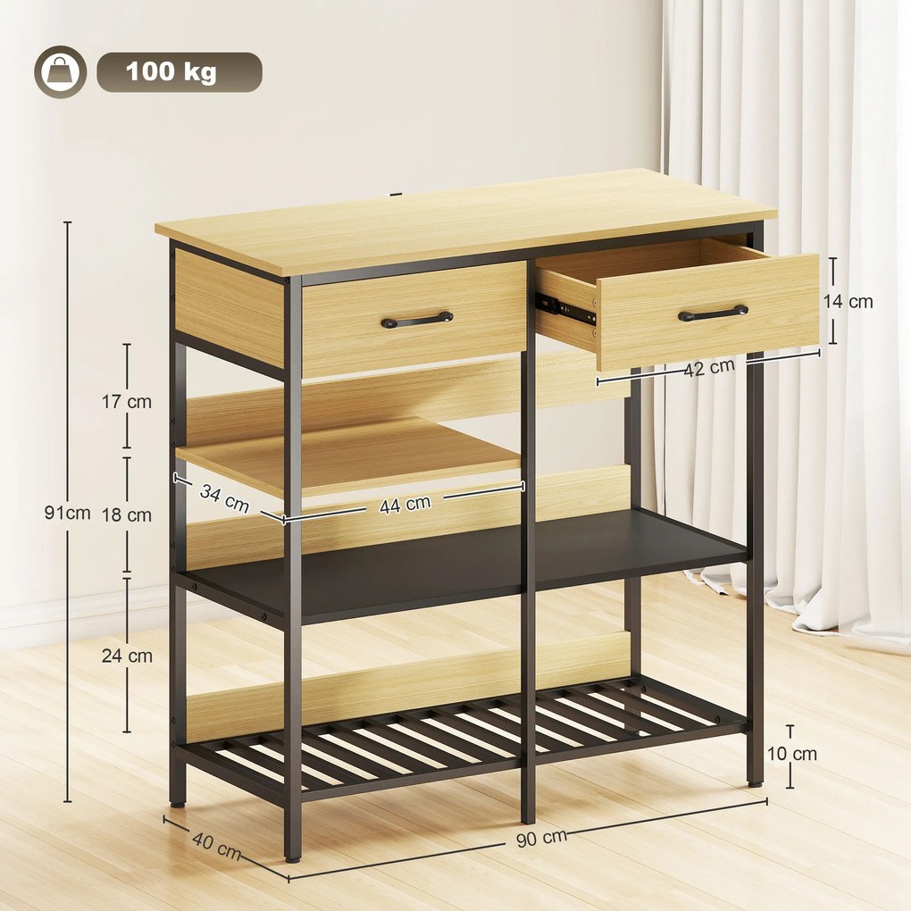 HOMCOM Sideboard, comodă cu 2 sertare, 3 rafturi deschise dulap de bucătărie pentru bucătărie, living 90 x 40 x 91 cm, lemn natural | Aosom Romania