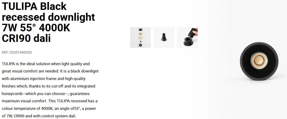 Spot LED incastrabil TULIPA Black recessed downlight 7W 55° 4000K CRI90 dali