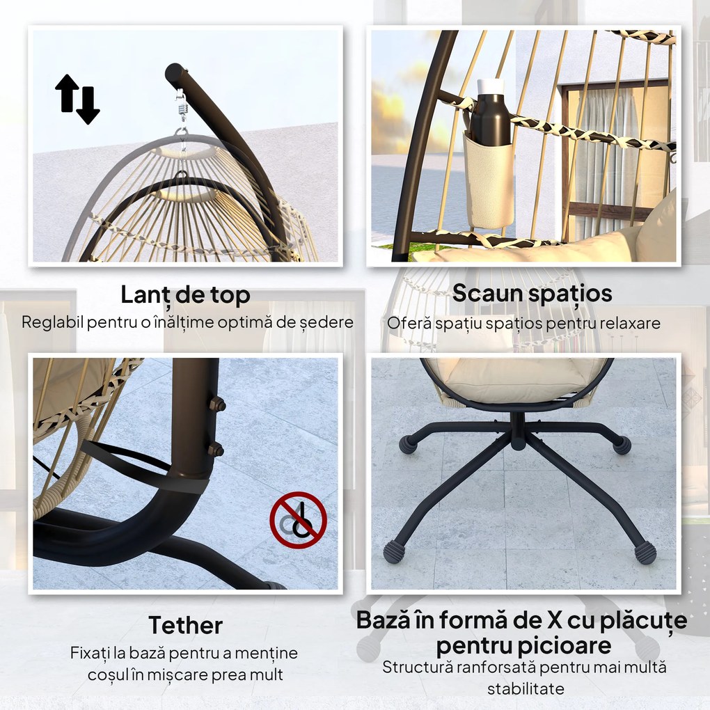 Outsunny Fotoliu Suspendat Tip Ou cu Lanț Reglabil, 2 Perne Detașabile și Suport pentru Pahare, Scaun Balansoar Pliabil pentru Grădină, Bază în X din Oțel, pentru Interior și Exterior, 120x88x192 cm, Bej | Aosom Romania