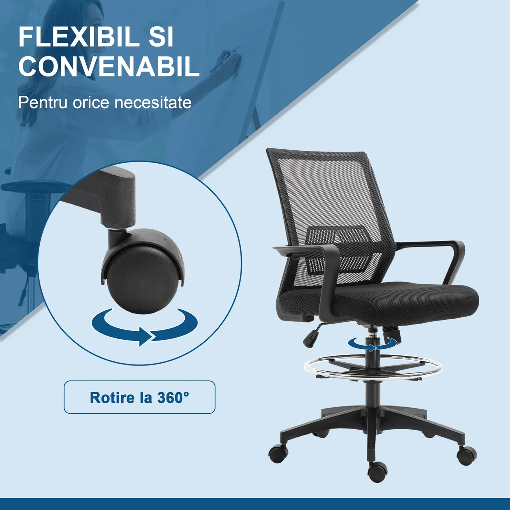 Vinsetto Scaun de Birou Reglabil pe Înălțime cu Suport pentru Picioare, Negru | Aosom Romania