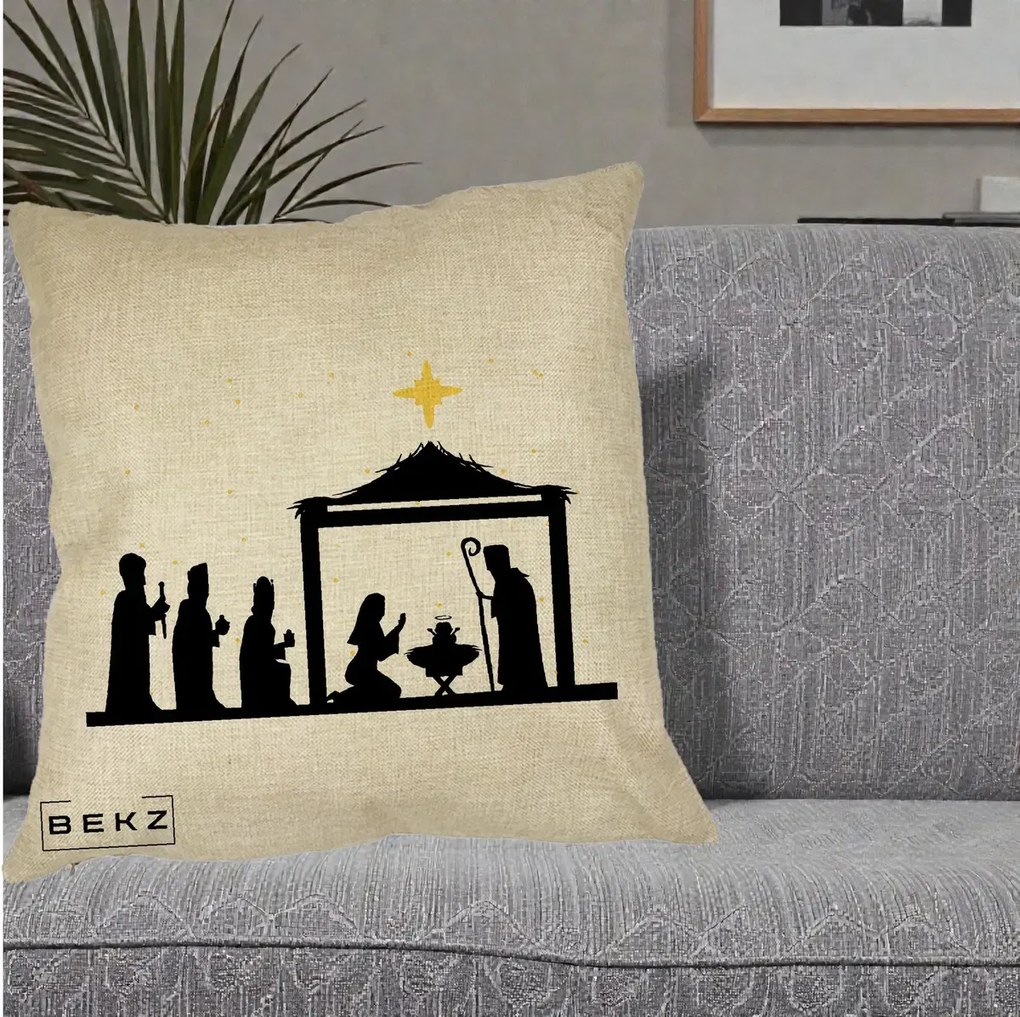 Perna Decorativa Nasterea Pruncului Silueta Neagra si Stea Aurie, 40x40 cm, Crem, Husa Detasabila, Perna Inclusa, BEKZ®