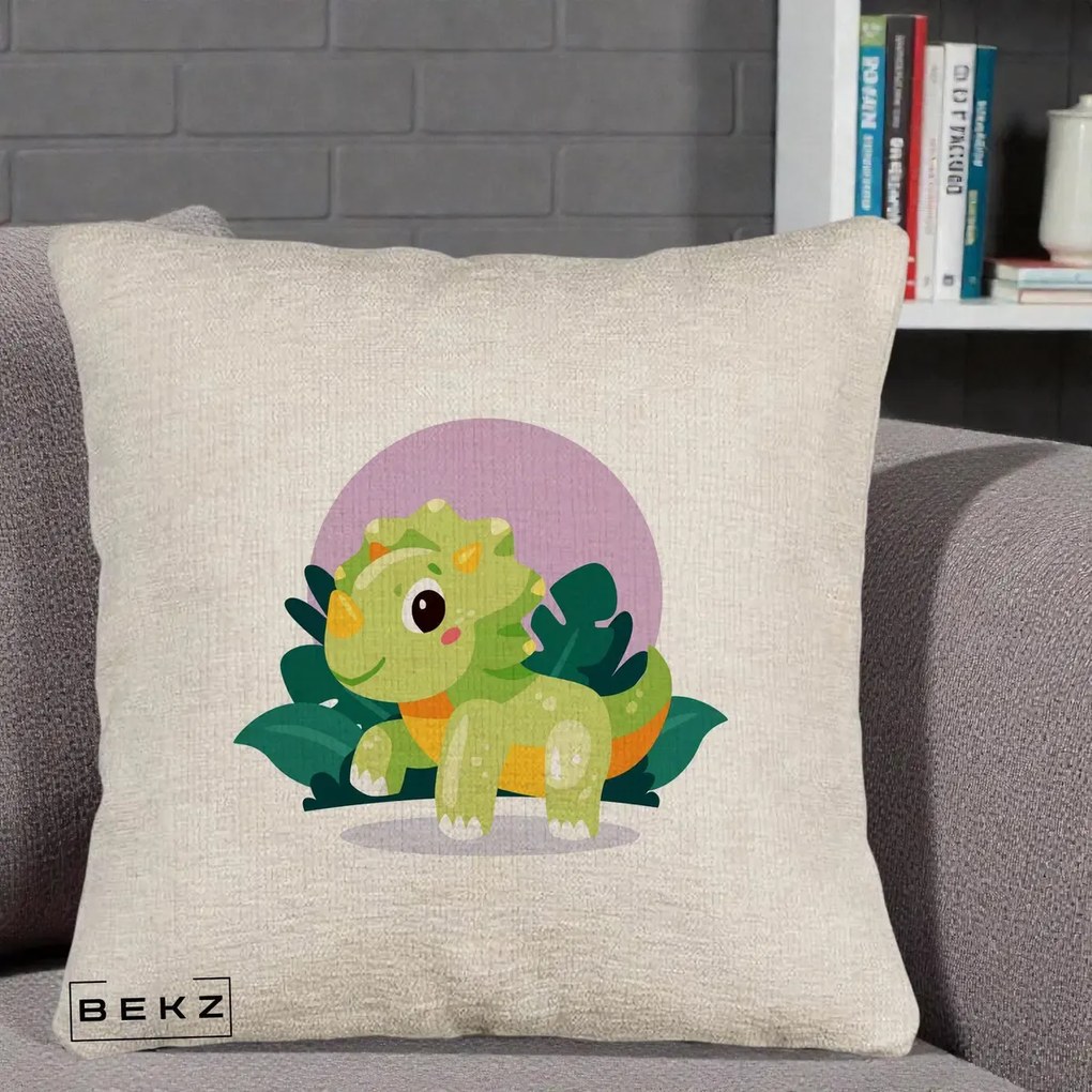 Perna Decorativa Triceratops Kawaii Verde, 40x40 cm, Bej Canapea, Husa Detasabila, Perna Inclusa, BEKZ®