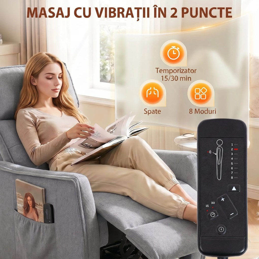 HOMCOM Fotoliu cu Masaj Reclinabil Manual, Material Tip In cu Telecomandă, Gri Deschis | Aosom Romania