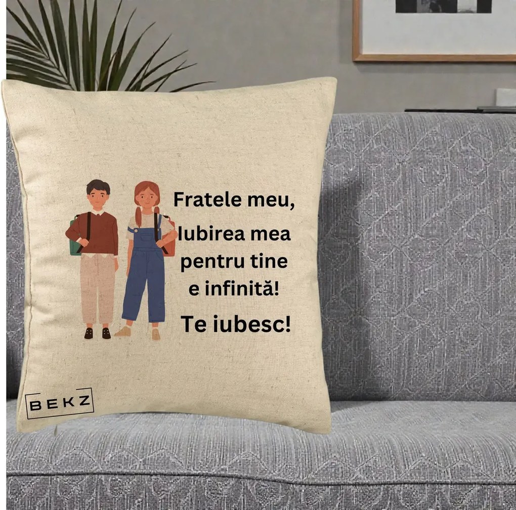 Cadou pentru Frate - Perna Personalizata Fratele Meu Te Iubesc Elevi Ilustratie Colorata, 40x40 cm, Bej, Husa Detasabila, Perna Inclusa, BEKZ®