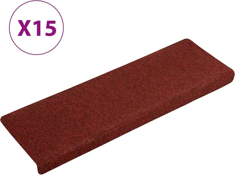 vidaXL Covorașe pentru scări autoadezive, 15 buc., 65x21x4 cm, margini dreptunghiulare, roșu bordeaux