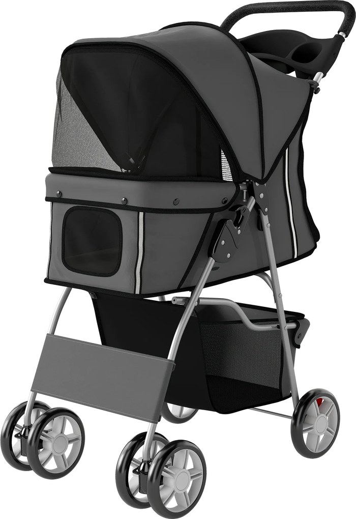 PawHut Cărucior pliabil pentru câini, cărucior cu bandă reflectorizantă, coș de depozitare, pernă pentru câini mici până la 10 kg 77x44x102 cm gri închis | Aosom Romania