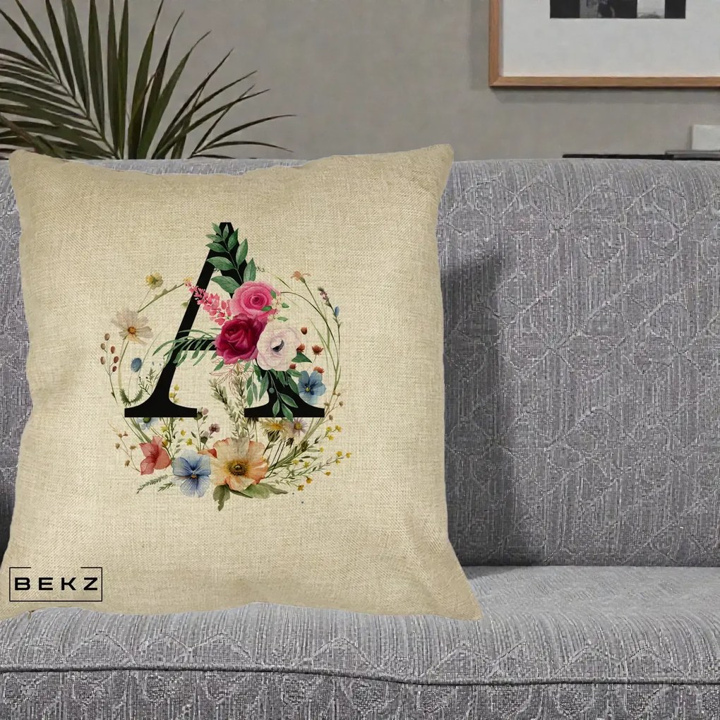 Cadou Personalizat - Perna Personalizata Monogram Litera A cu Flori Acuarela, 40x40 cm, Crem, Husa Detasabila, Perna Inclusa, BEKZ®