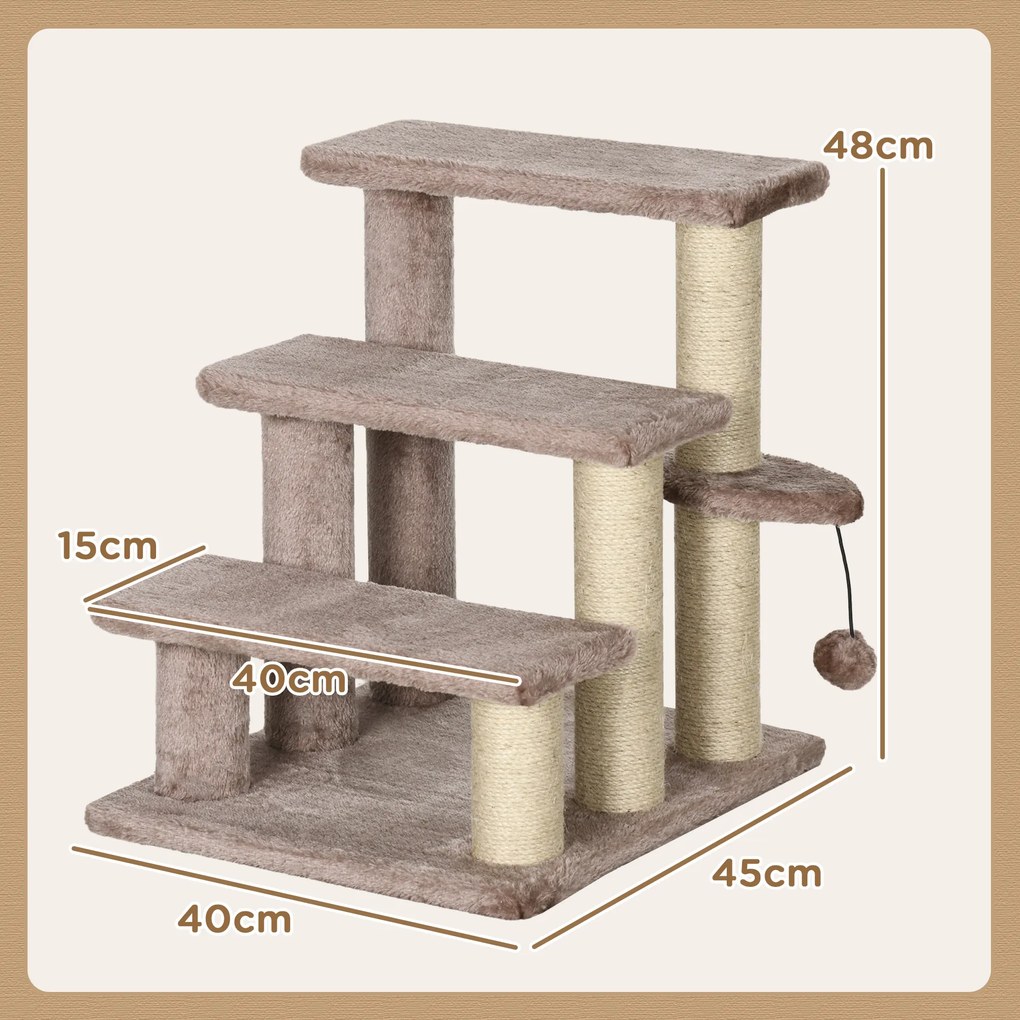 PawHut Arbore pentru zgârieturi, scara pentru animale de companie, 3 trepte, minge de joc, până la 5 kg, 45x40x48cm, Maro | Aosom Romania