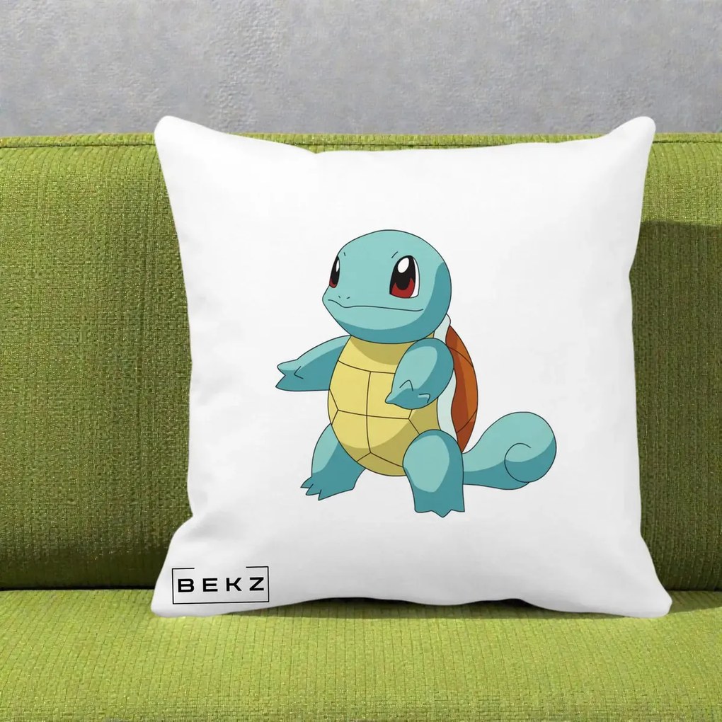 Perna Personalizata Squirtle Pokemon, 40x40 cm, Alba Mata, Husa Detasabila, Perna Inclusa, BEKZ®