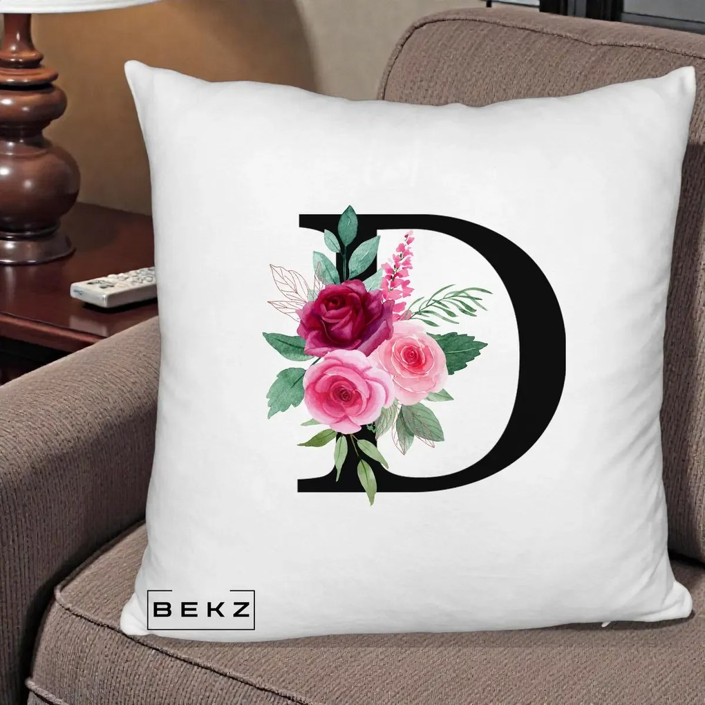 Cadou Personalizat - Perna Personalizata Monograma Florala Litera D, 40x40 cm, Alb Pufos, Husa Detasabila, Perna Inclusa, BEKZ®