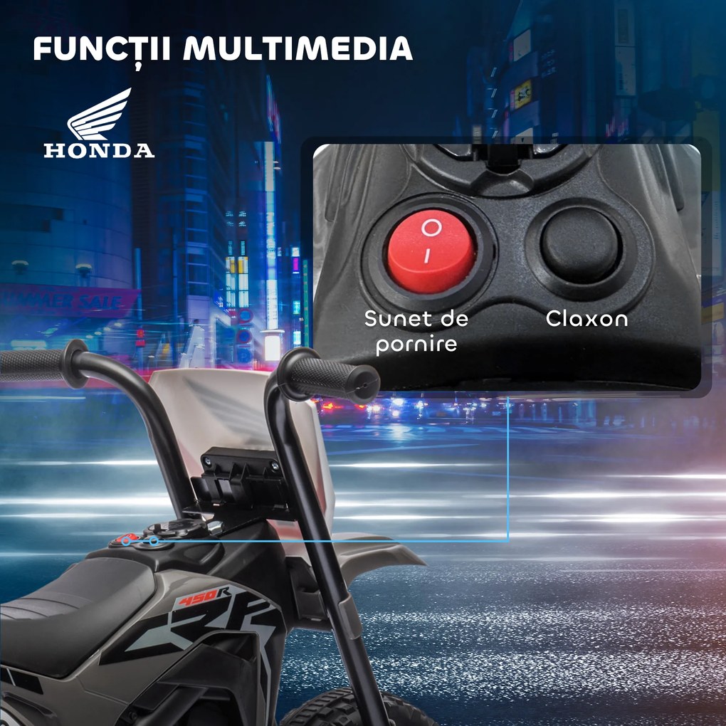 HOMCOM Motocicletă Electrică pentru Copii sub Licență Honda CRF450RL cu 3 Roți și Claxon, 71x40.5x43.5 cm, Gri | Aosom Romania
