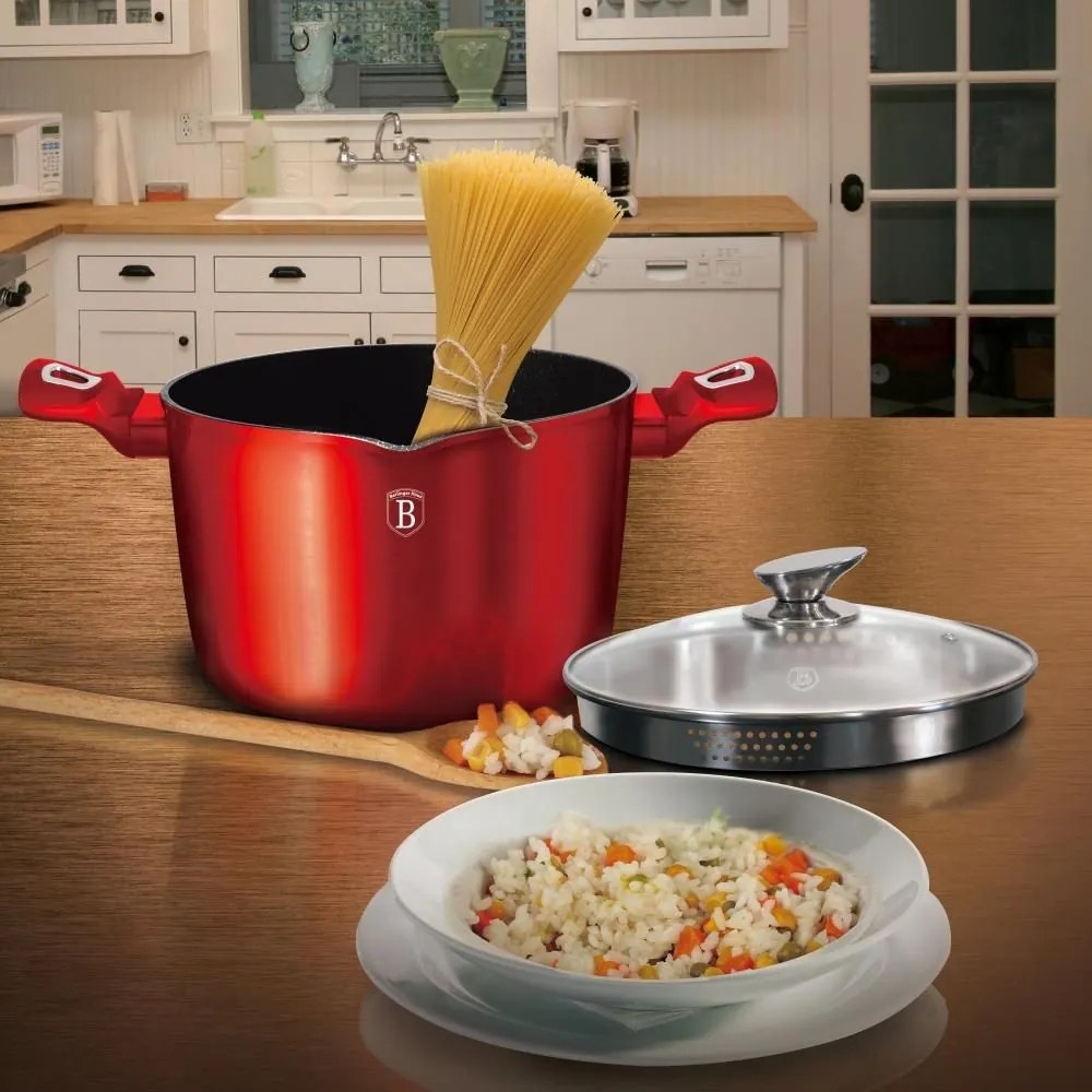 Oala marmorata 6L, 24 cm, cu capac pentru paste Burgundy Metalic Line Berlinger Haus BH 1531N