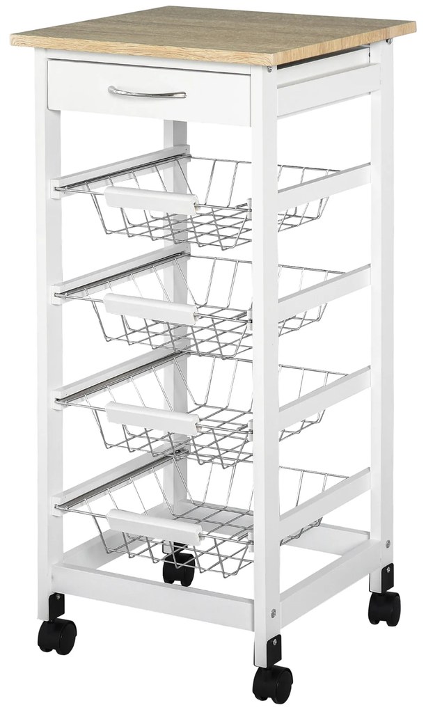 HOMCOM Cărucior de servire măsuță cu roți multi-rangements 4 coșuri metal + sertar lemn de pin 37 x 37 x 82 cm alb | Aosom Romania