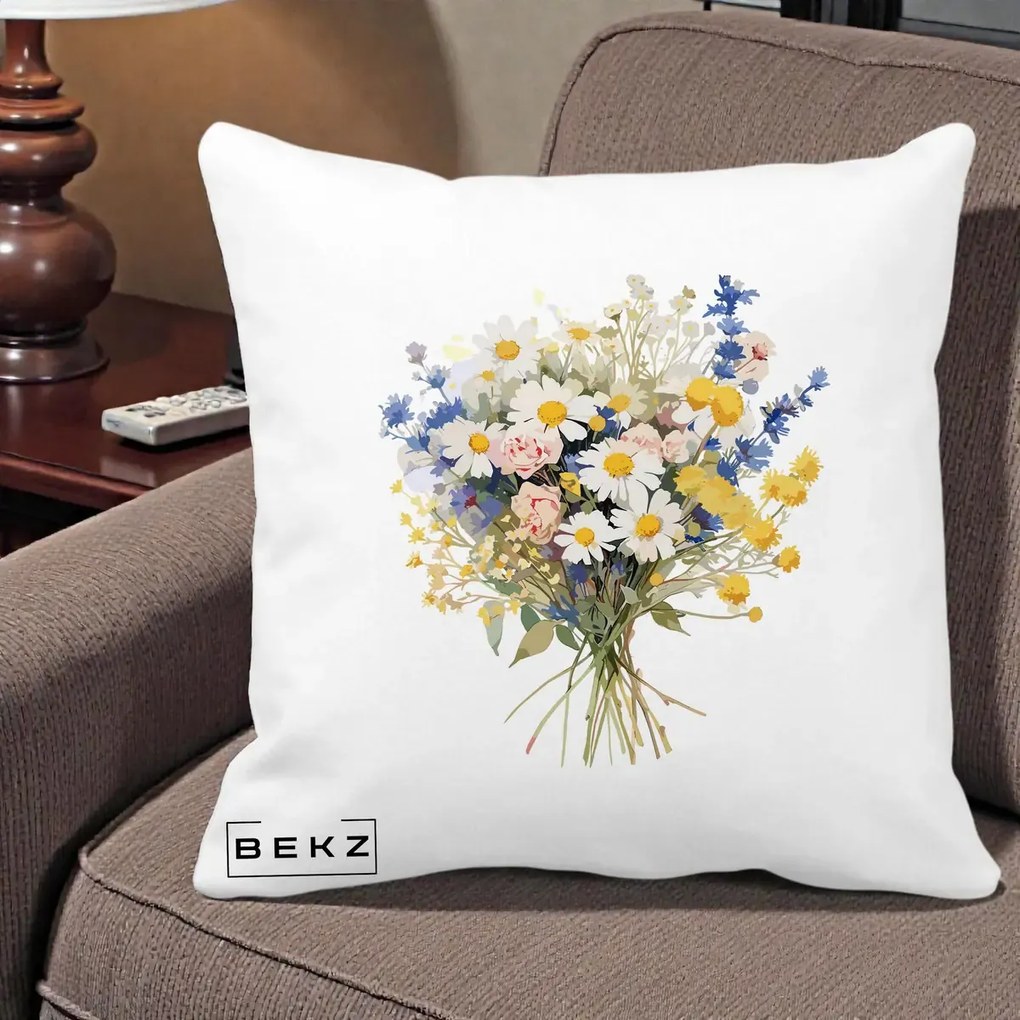 Perna Decorativa Buchet Camp Acuarela Margarete-Lavanda, 40x40 cm, Alba Mata, Husa Detasabila, Perna Inclusa, BEKZ®