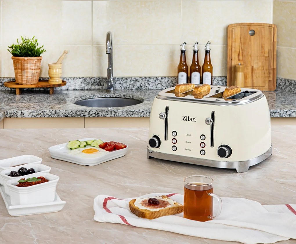 Prajitor de paine Retro Zilan ZLN1214, 4 felii de paine, 1500W, 6 trepte, dezghetare, reincalzire, picioruse antiderapante