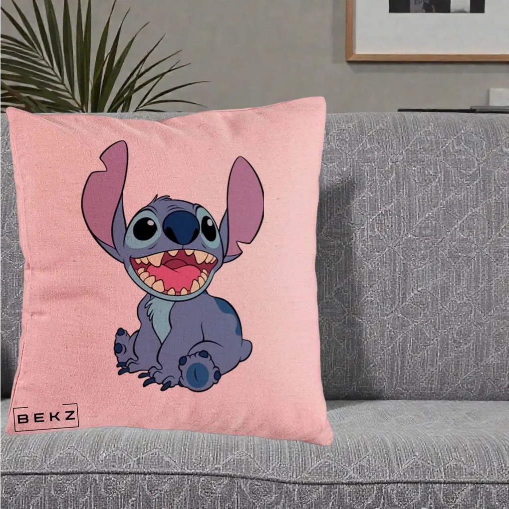 Perna Personalizata Stitch Zambitor, 40x40 cm, Roz, Husa Detasabila, Perna Inclusa, BEKZ®