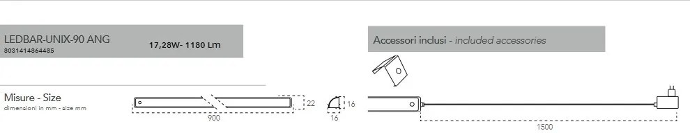 Aplica LED liniara de colt pentru mobila de bucatarie UNIX, L-90cm LEDBAR-UNIX-90 ANG FE