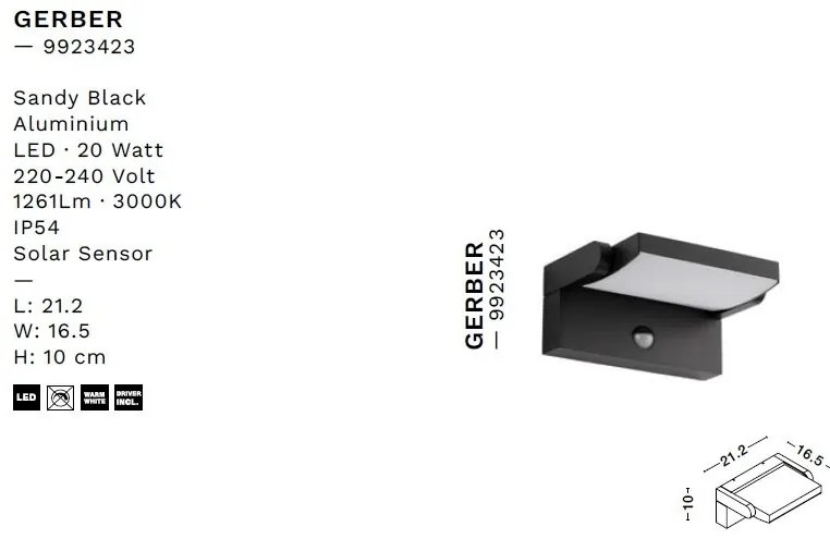 Aplica LED de exterior directionabila cu senzor solar IP54 GERBER