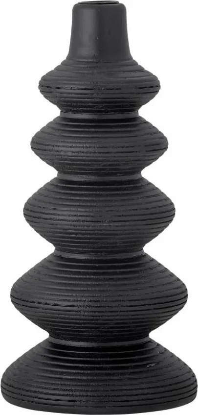 Sfeșnic din lemn, negru, cu formă sculptată din inele suprapuse, finisaj lăcuit, 27,5 x 13,5 cm, „Ari”