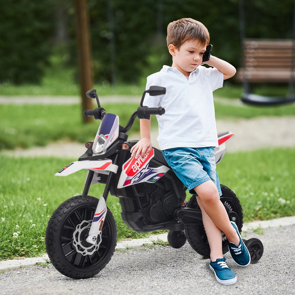 AIYAPLAY Motocicletă electrică pentru copii 12V, 37-96 luni, 2 motoare, roți ajutătoare detașabile, 30 kg, albă | Aosom Romania