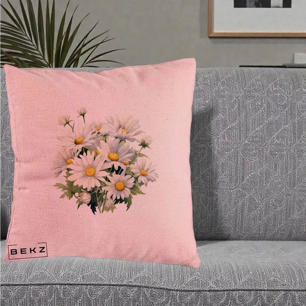 Perna Decorativa Buchet Margarete Albe Acuarela, 40x40 cm, Roz, Husa Detasabila, Perna Inclusa, BEKZ®