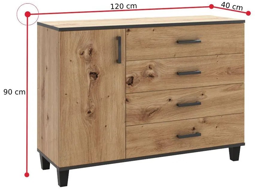 Expedo Comoda PHILIPE 2, 120x90x40, stejar artisan/negru