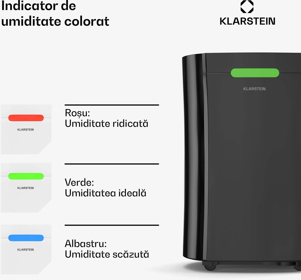 Klarstein AeroDry 10 dezumidificator, 165 W, 10 l/zi, 135 m³/h, pentru suprafețe de până la 30 m², Funcția DrySelect