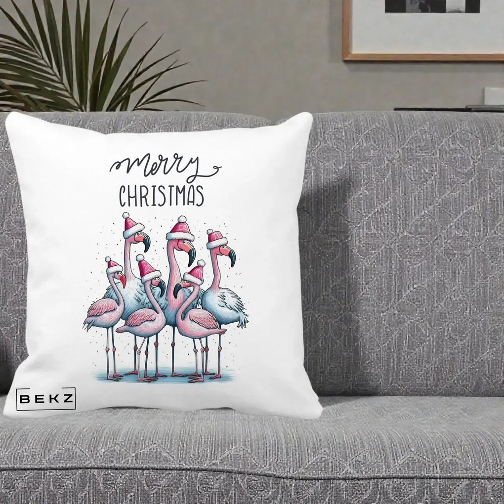 Perna Decorativa Flamingo Merry Christmas, 40x40 cm, Alba Mata, Husa Detasabila, Perna Inclusa, BEKZ®