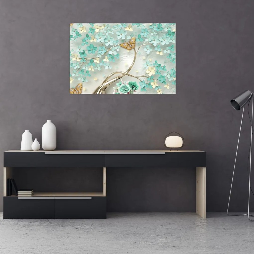 Tablou cu flori și fluturi (90x60 cm)