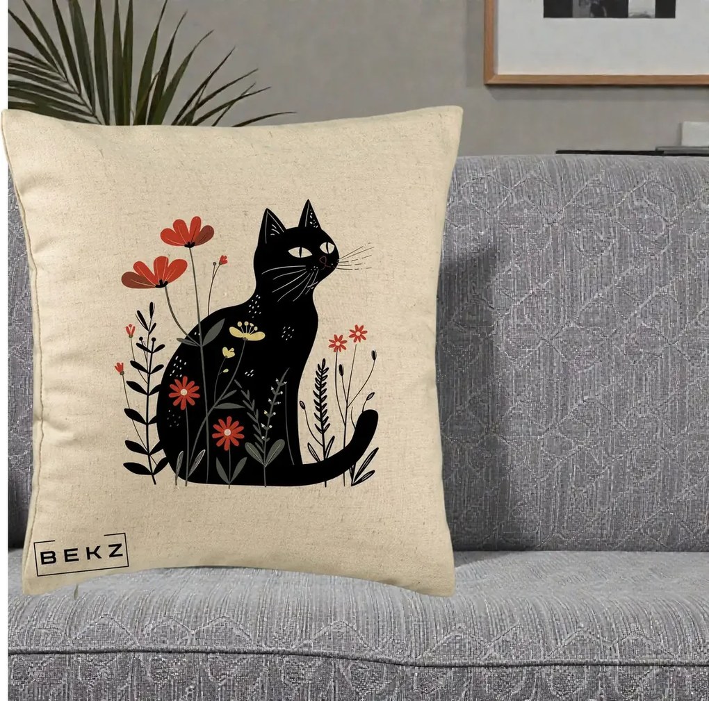Perna Decorativa Pisica Neagra Flori Rosii Folk, 40x40 cm, Bej, Husa Detasabila, Perna Inclusa, BEKZ®