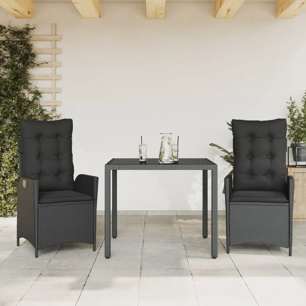 3213067 vidaXL Set mobilier de grădină cu perne, 3 piese, negru, poliratan