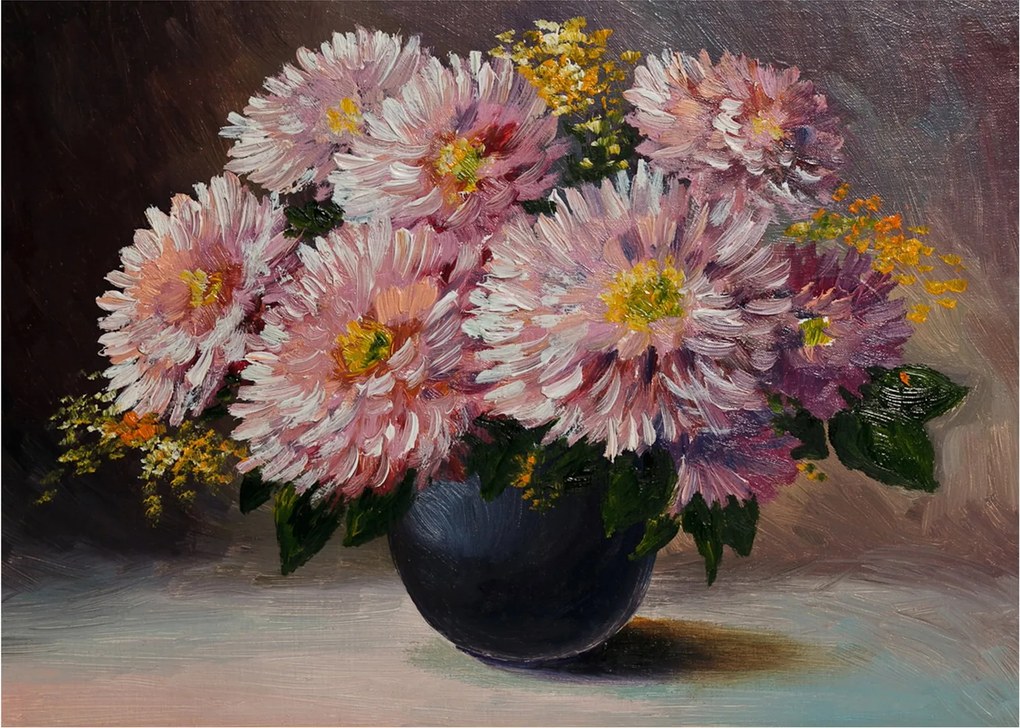 Tablou pe sticlă - Pictură în ulei, flori în vază (70x50 cm)