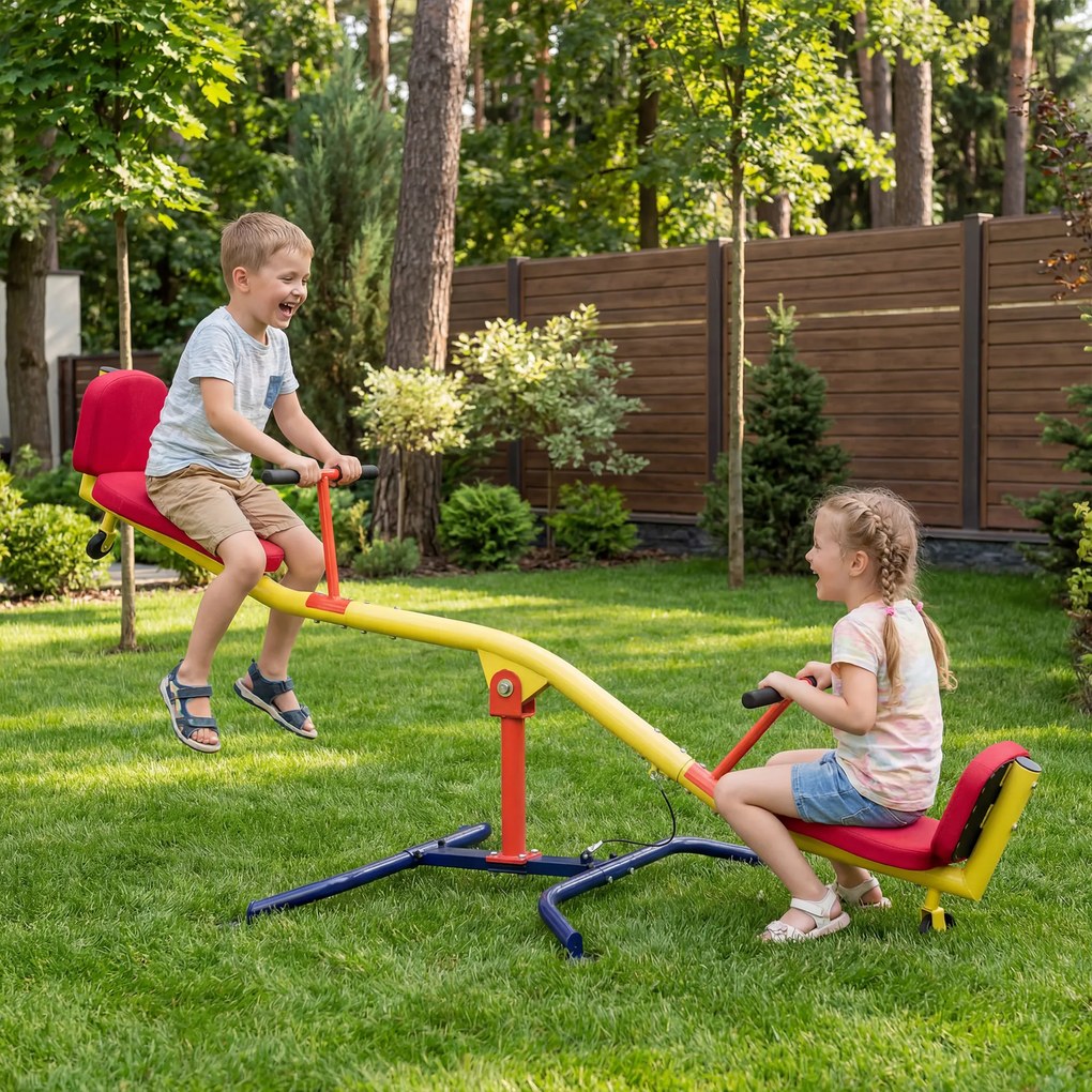 AIYAPLAY Balansoar pentru Copii Rotativ 360°, Capacitate 200kg, 2 Locuri cu Mânere Antiderapante, Scaune Capitonate, Spătar, Roți, 253x96x75 cm, 3-12 Ani | Aosom Romania