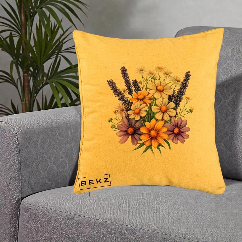 Perna Decorativa Lavanda Musetel si Flori Mov, 40x40 cm, Galben, Husa Detasabila, Perna Inclusa, BEKZ®