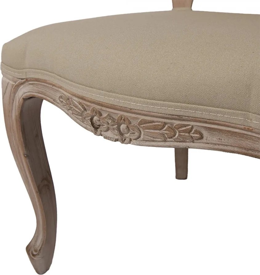 Scaun dining tapițat shabby chic din lemn, ratan și stofă, bej, cu spătar cannage și picioare cambrate sculptate, 95 x 52 x 49 cm, „Fleurette”
