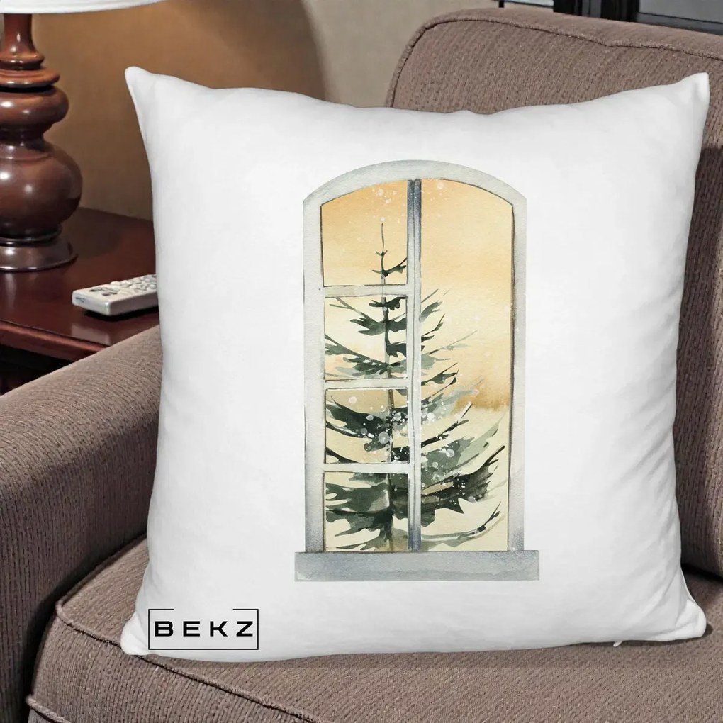 Perna Decorativa Fereastra cu Brad de Iarna, 40x40 cm, Alb Pufos, Husa Detasabila, Perna Inclusa, BEKZ®