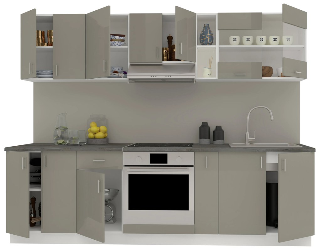 Set Bucatarie Karo V19, Gri Lucios/Alb, MDF, Blat Thermo 28 mm, L 260 cm