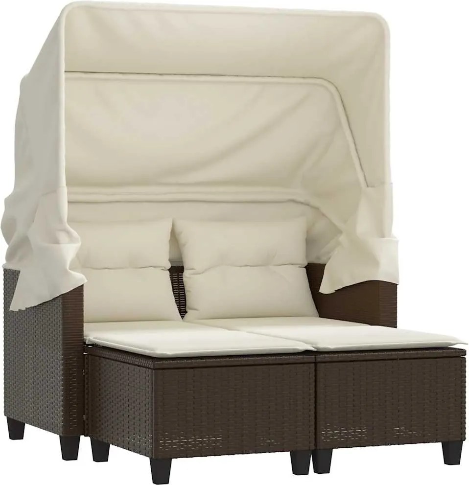 vidaXL Canapea grădină 2 locuri baldachin și taburete, maro, poliratan