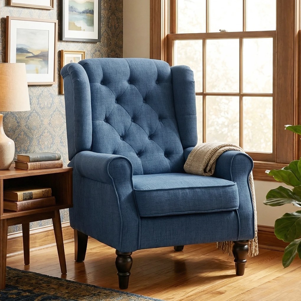 HOMCOM Scaun Decorativ Capitonat cu Spatar Inalt, Cotiere Rotunjite Captusite și Sezut cu Captuseala Groasa, Albastru | Aosom Romania