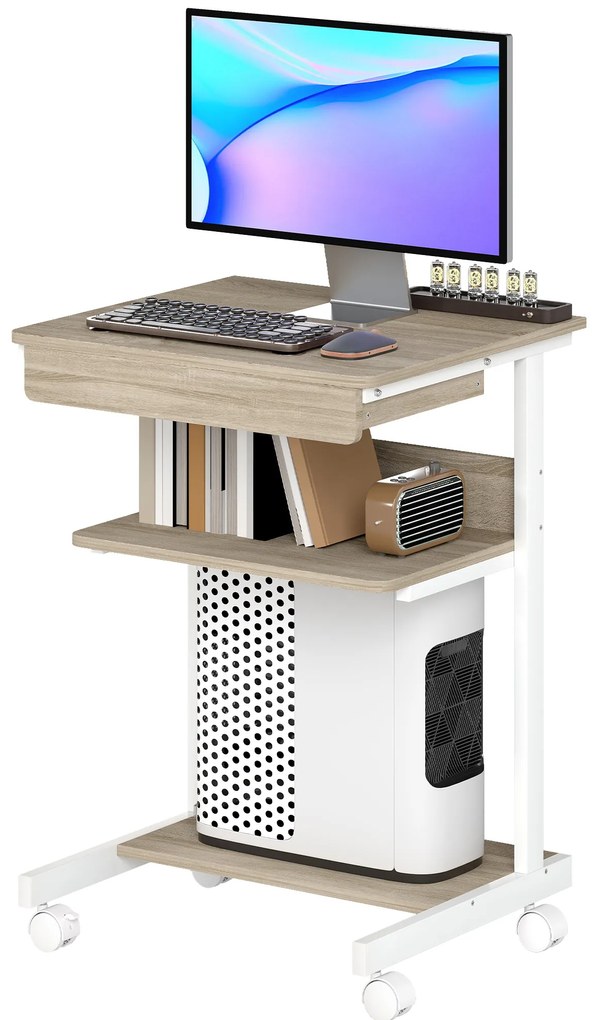 HOMCOM Birou de calculator pe roti, birou cu depozitare 56 x 51 cm cu sertar, compartiment si suport CPU, stejar | Aosom Romania