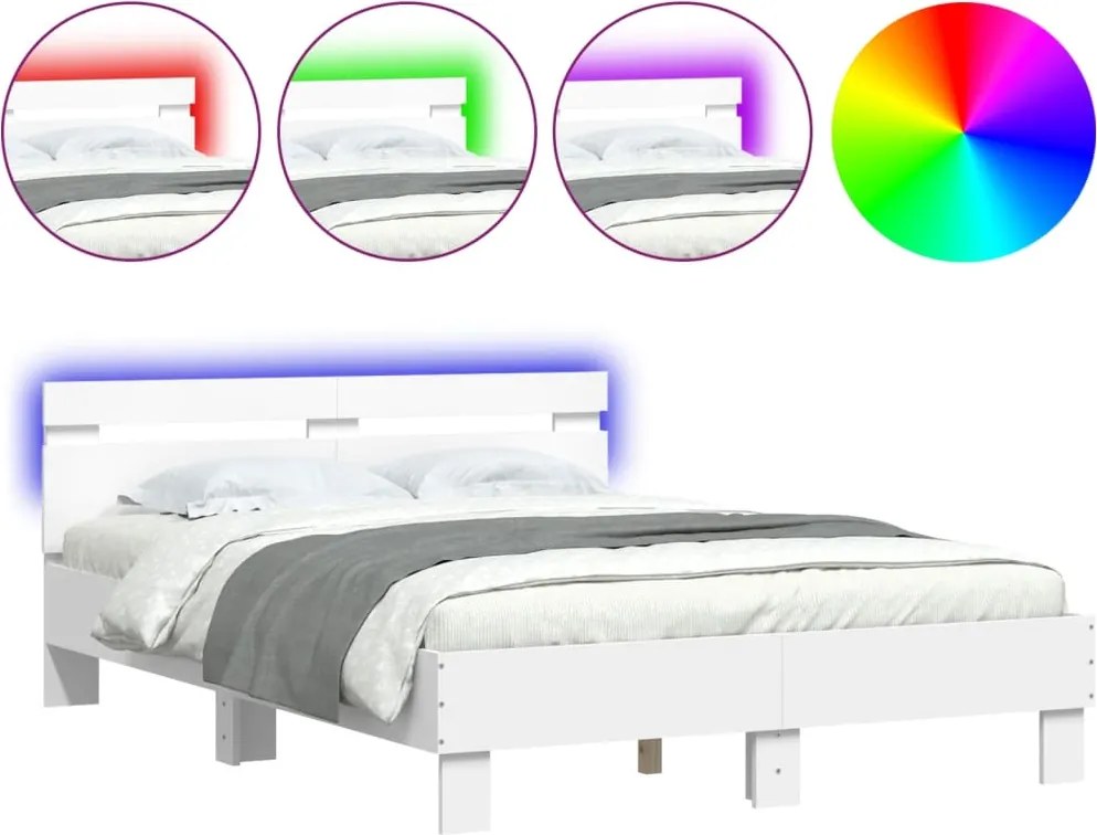 vidaXL Cadru de pat cu tăblie și LED, alb, 135x190 cm