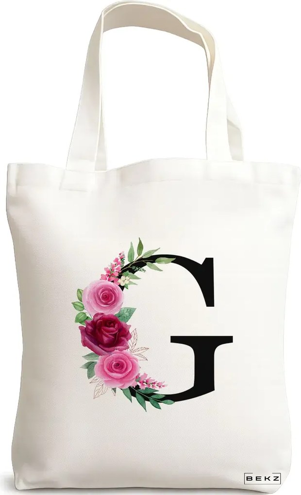 Sacosa de Panza pentru Cumparaturi, Geanta Tote, Cu litera G si Trandafiri, 38x34.5 cm, Alba, BEKZ®