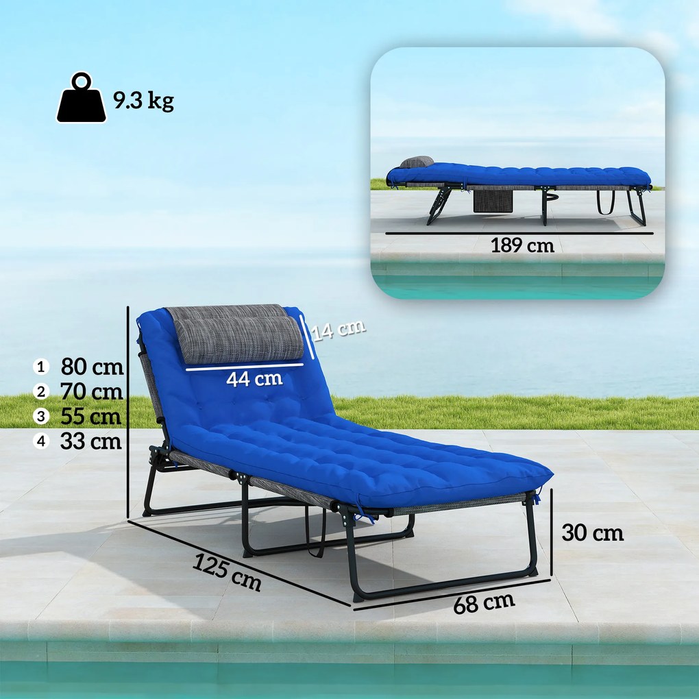 Outsunny Șezlong, spătar reglabil în 4 trepte, pernă, buzunar lateral, tetieră, 68 x 189 x 33 cm, Albastru | Aosom Romania