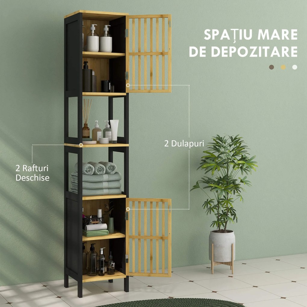 HOMCOM Dulap de Baie Înalt, Dulap de Baie cu 2 Compartimente Deschise, 2 Uși și Rafturi Reglabile, 32x30x172 cm, Negru | Aosom Romania