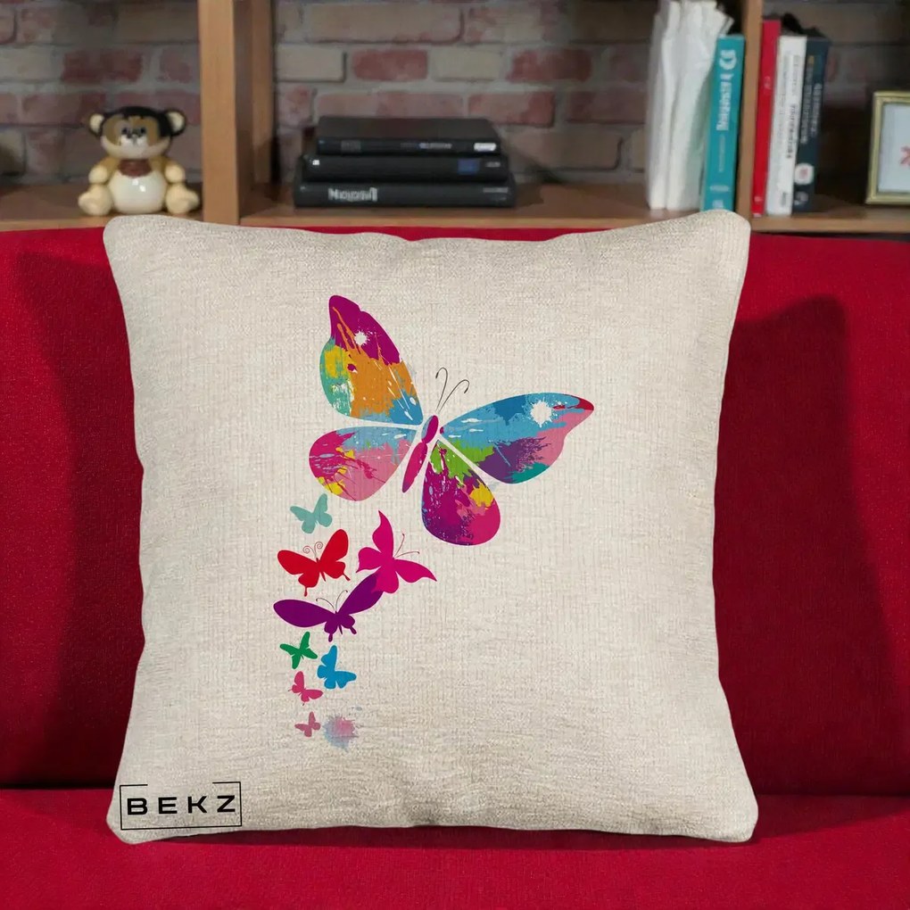 Perna Decorativa Fluturi Splash, 40x40 cm, Bej Canapea, Husa Detasabila, Perna Inclusa, BEKZ®