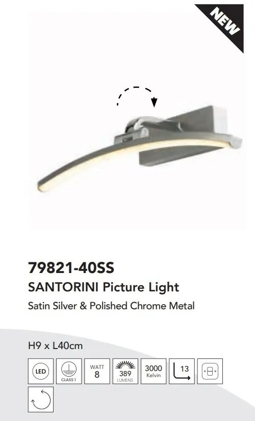 Aplica de perete LED pentru oglinda sau tablou Santorini argintiu, L-40cm