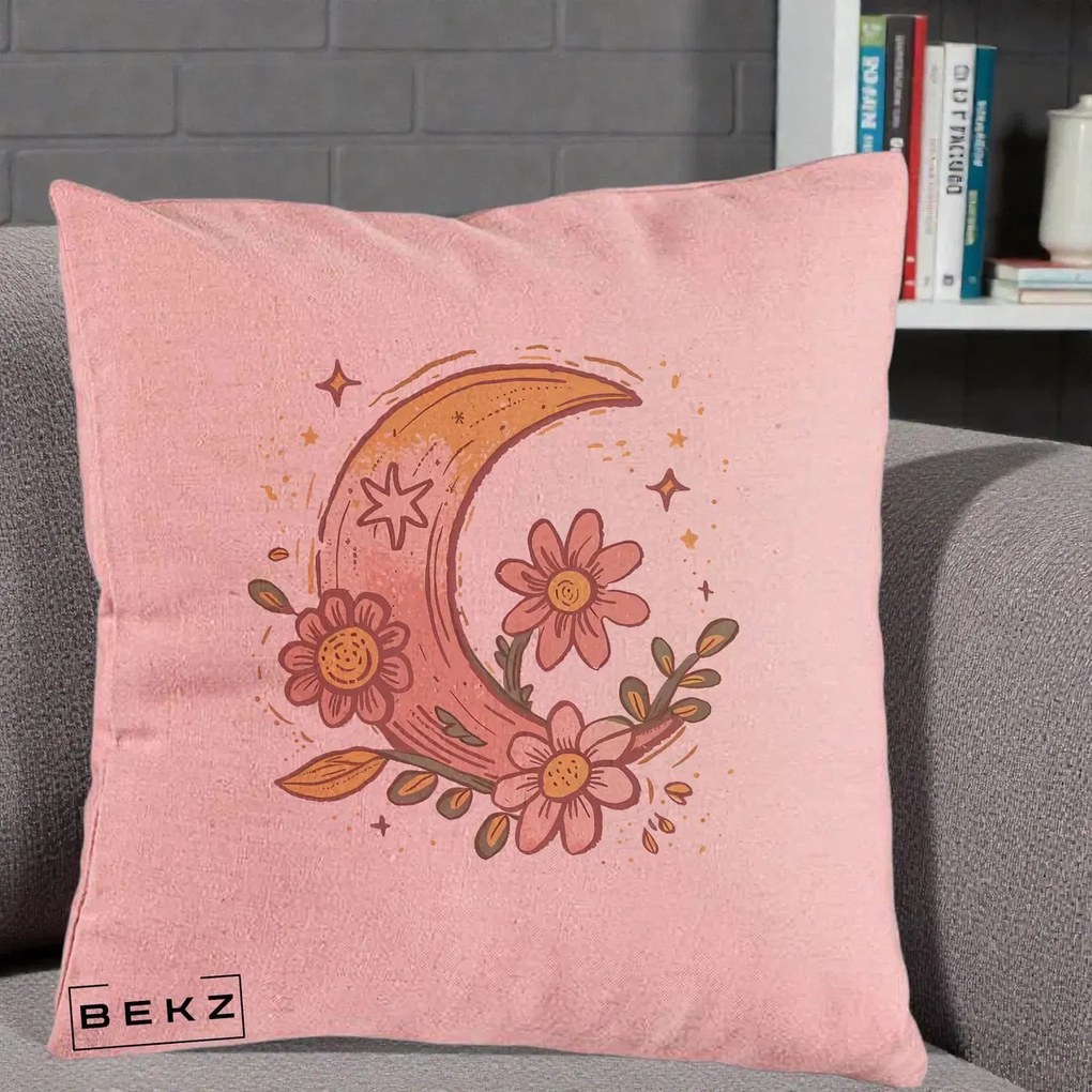 Perna Decorativa Luna Florala Boho, 40x40 cm, Roz, Husa Detasabila, Perna Inclusa, BEKZ®